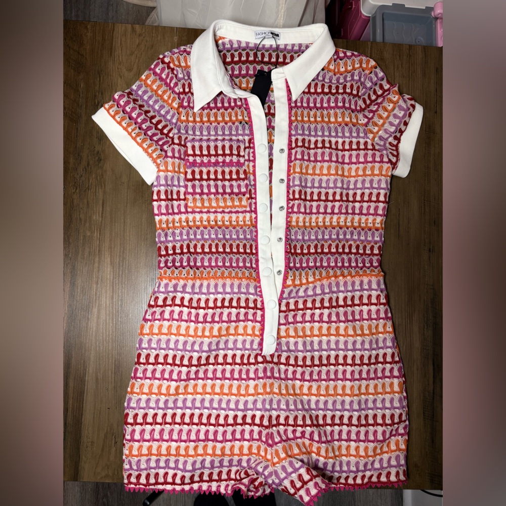 Fashion Nova Pink and Orange Knit Polo Romper